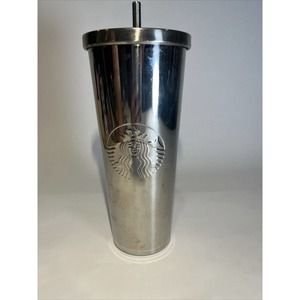 Starbucks 24 oz. Stainless Steel Silver Chrome Siren Cold Cup Tumbler W/ Lid